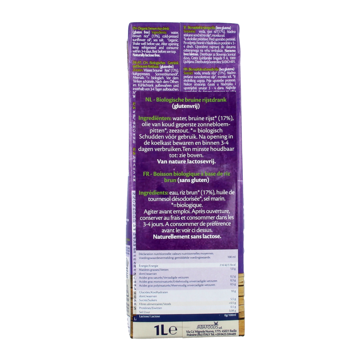 Organic brown rice drink from Isola Bio in a 1-liter carton, showing the beverage inside and packaging details.