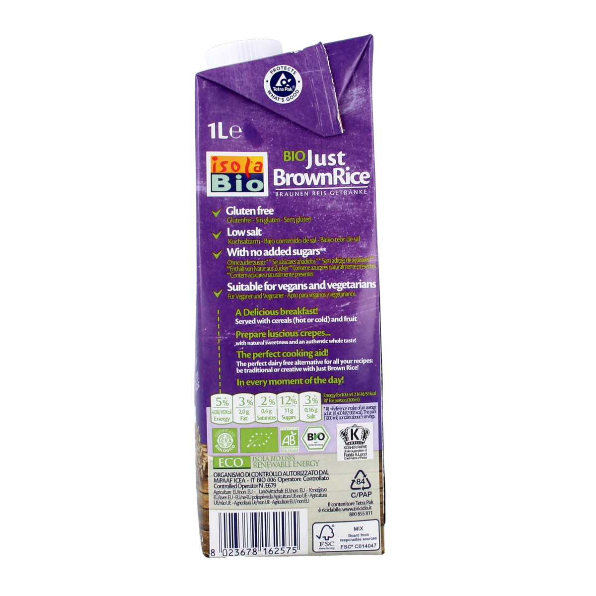 Organic brown rice drink by Isola Bio in a 1-liter carton, suitable for drinks and cooking, with a natural, creamy appearance.