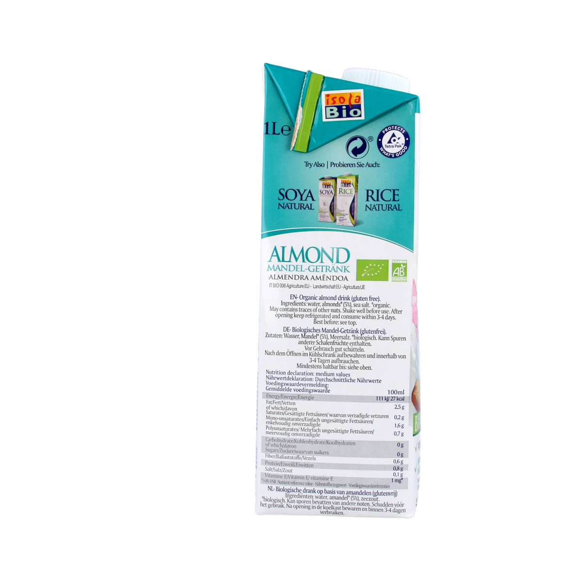 Unsweetened Isola Bio almond drink in a 1-liter carton, organic plant-based beverage, creamy almond milk for smoothies and recipes.