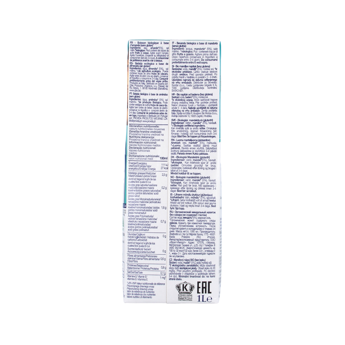 Unsweetened Isola Bio almond drink in a 1-liter carton, showcasing the organic almond beverage in a clear, eco-friendly package.