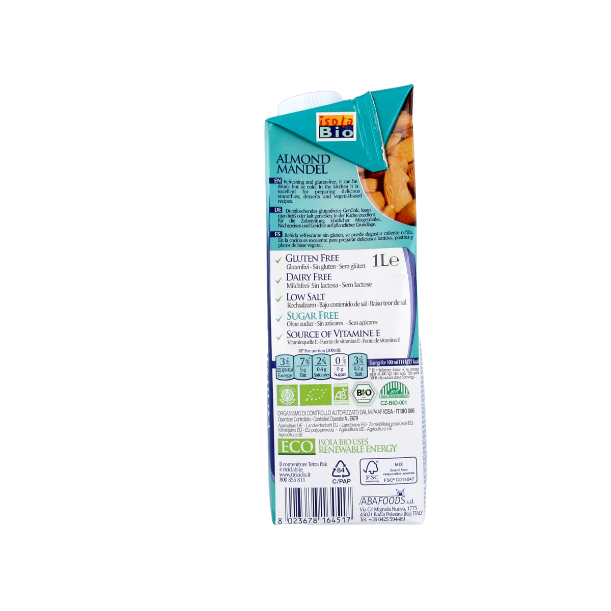 Unopened bottle of Isola Bio unsweetened almond drink in 1-liter carton, featuring almond images and natural design on packaging.