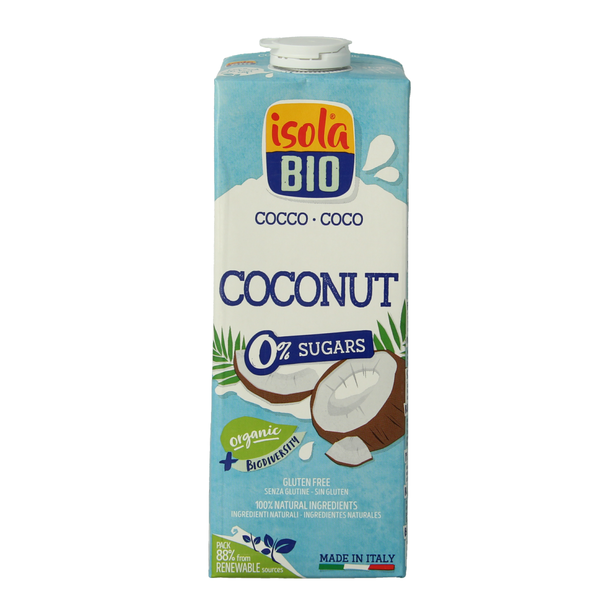 Isola Bio unsweetened organic coconut drink in 1-liter carton, natural beverage suitable for various recipes and drinks.