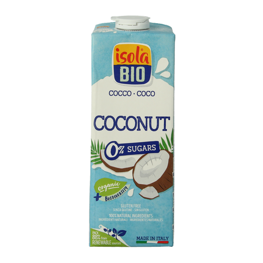 Isola Bio unsweetened organic coconut drink in 1-liter carton, natural beverage suitable for various recipes and drinks.