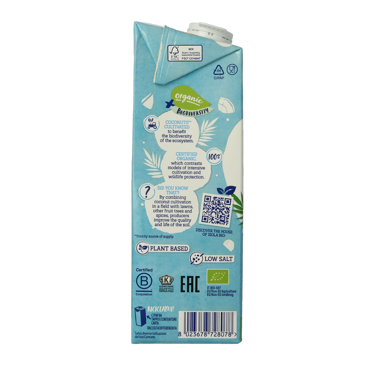 Organic Isola Bio coconut drink in a 1-liter bottle, unsweetened, natural plant-based beverage, suitable for vegans and dairy-free diets.