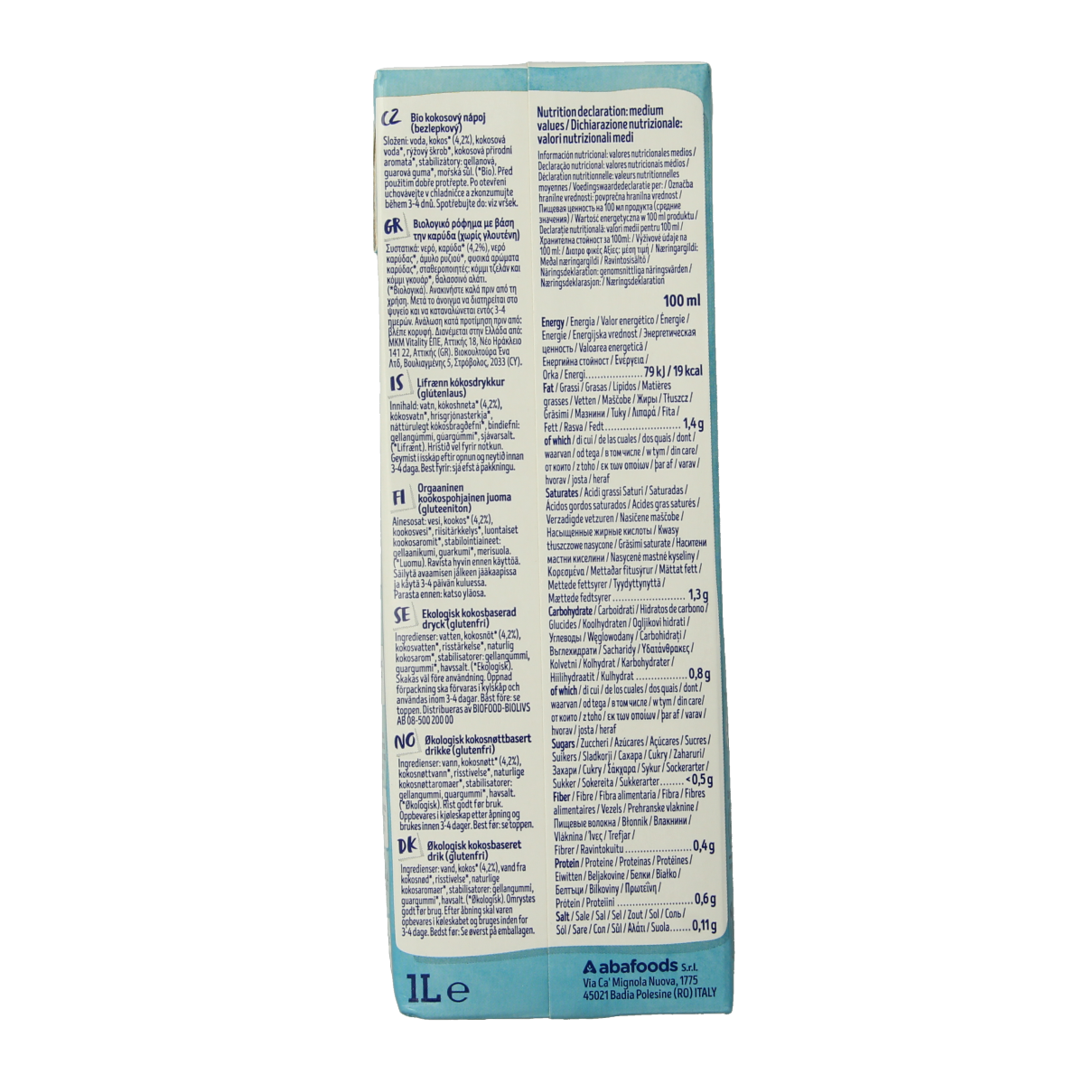 Isola Bio unsweetened organic coconut drink in a 1-liter carton, dairy-free beverage with natural coconut flavor.