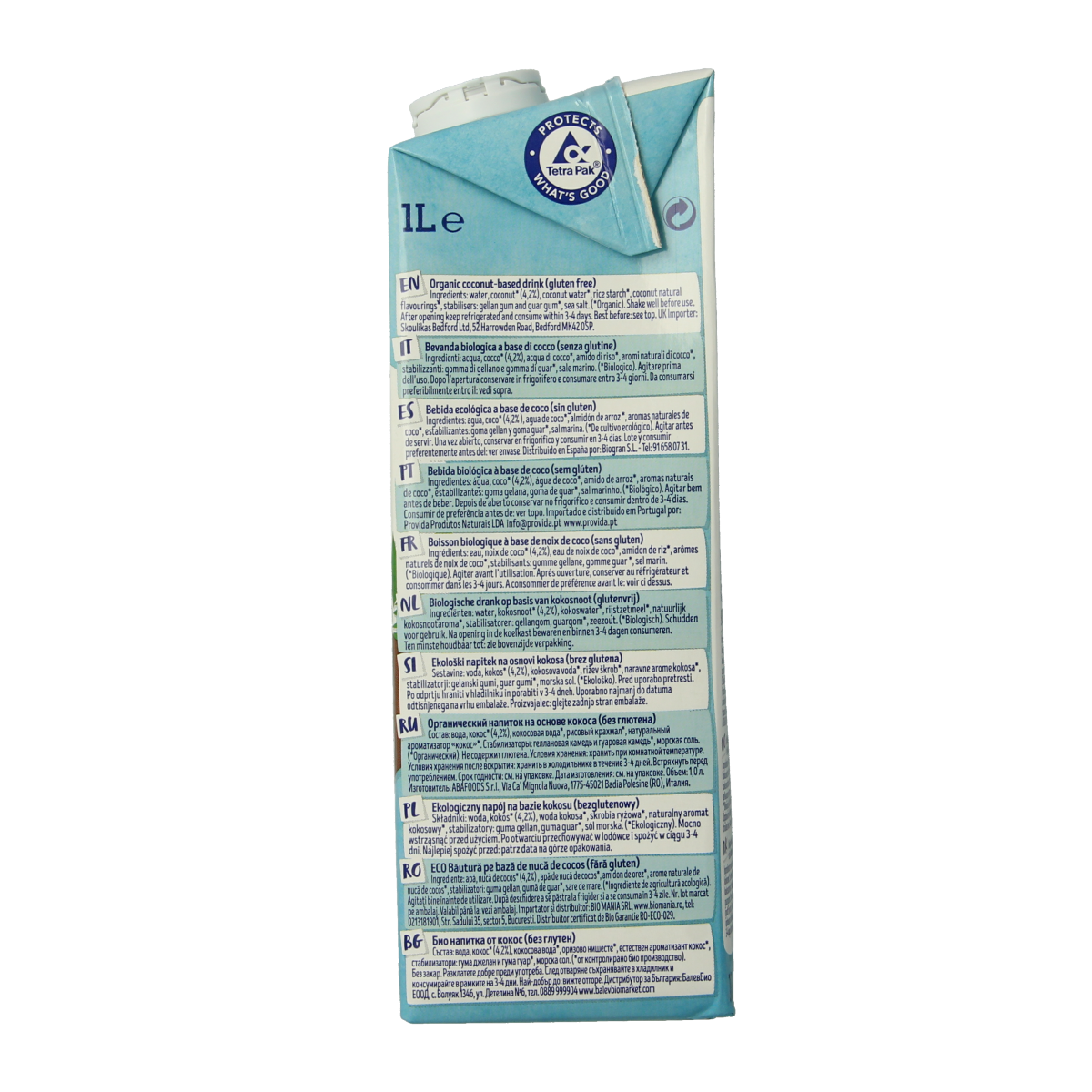 Bottle of Isola Bio unsweetened organic coconut drink in 1-liter carton, natural beverage from the drinks and juices category.