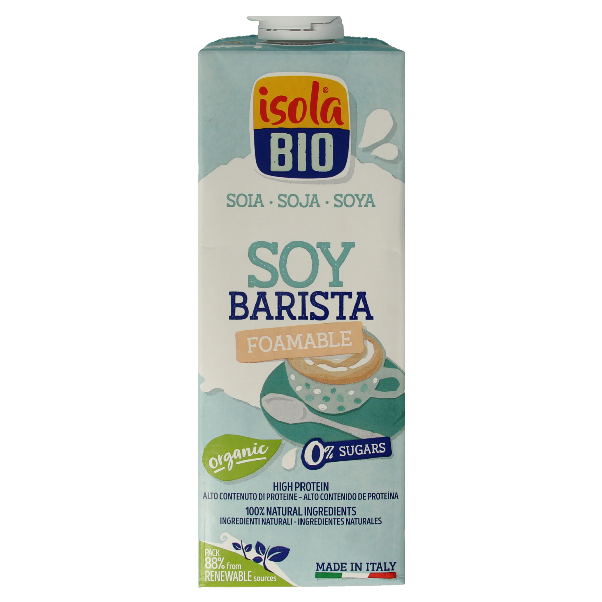 Bottle of Isola Bio Barista soy bio drink, 1 liter, in a clear container with label, suitable for coffee and culinary uses