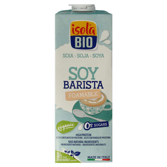 Bottle of Isola Bio Barista soy bio drink, 1 liter, in a clear container with label, suitable for coffee and culinary uses