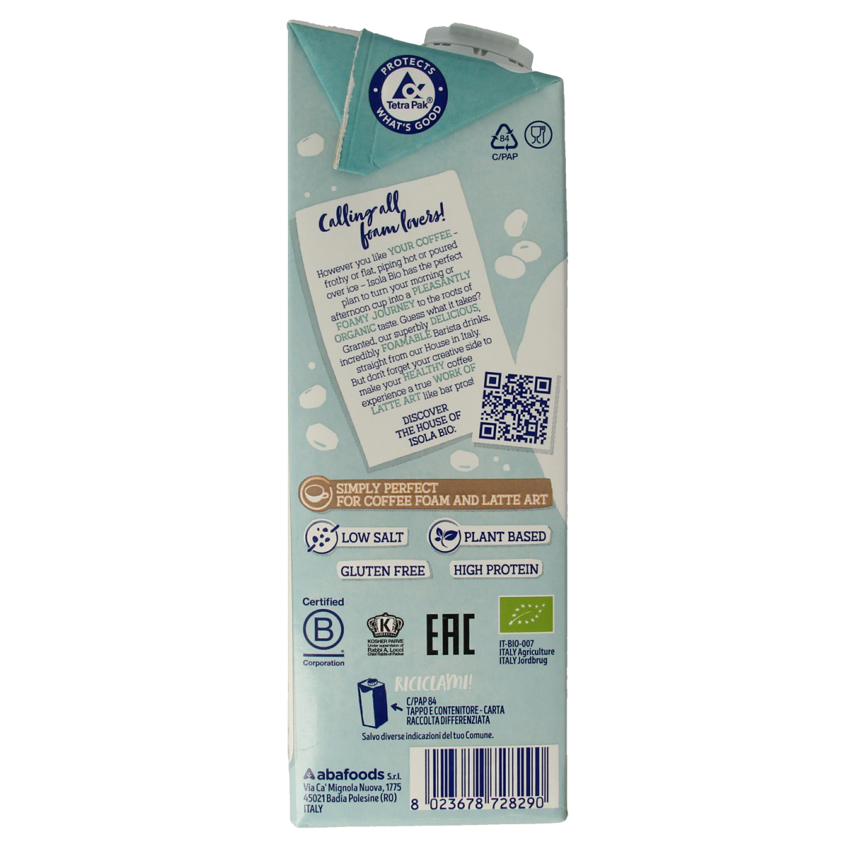 Organic Isola Bio Barista soy drink in a 1-liter carton, suitable for coffee and recipes, with a smooth, soy-based beverage appearance.