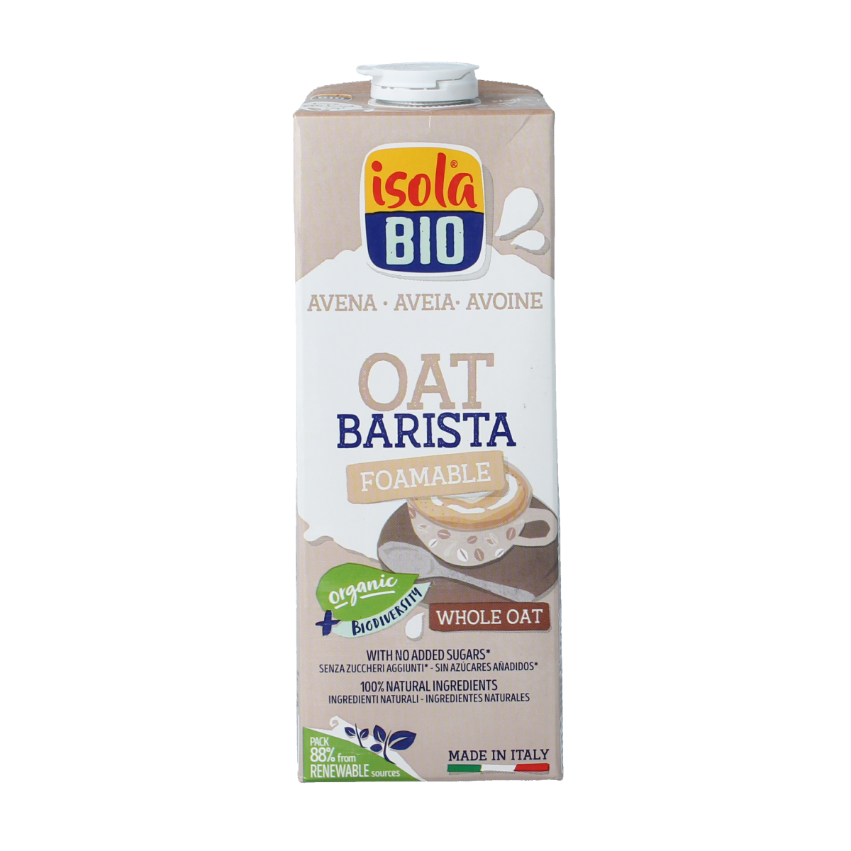 Isola Bio oat barista plant-based drink in 1 liter carton, suitable for coffee and beverages, natural and organic.