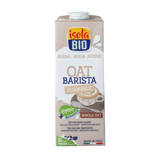 Isola Bio oat barista plant-based drink in 1 liter carton, suitable for coffee and beverages, natural and organic.