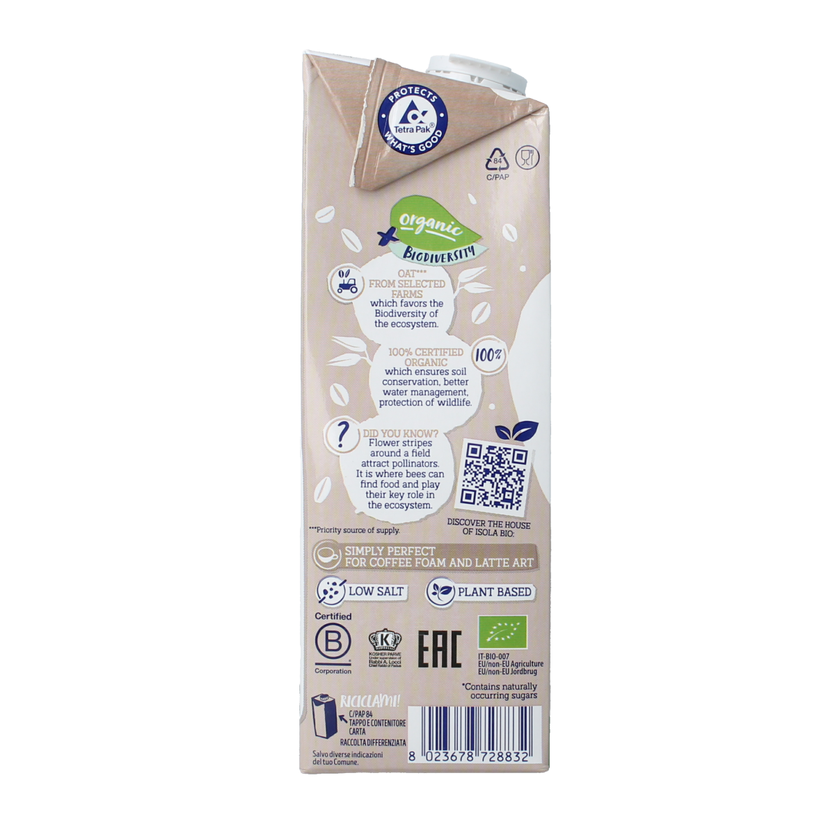 Isola Bio Oat Barista Bio plant-based drink in 1-liter carton, ideal for coffee and beverages, dairy-free and organic.