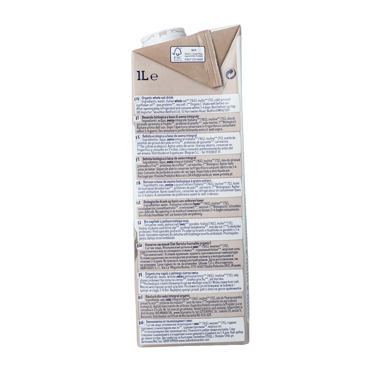 Isola Bio oat barista plant-based drink in 1-liter carton, suitable for coffee and recipes, natural and organic.