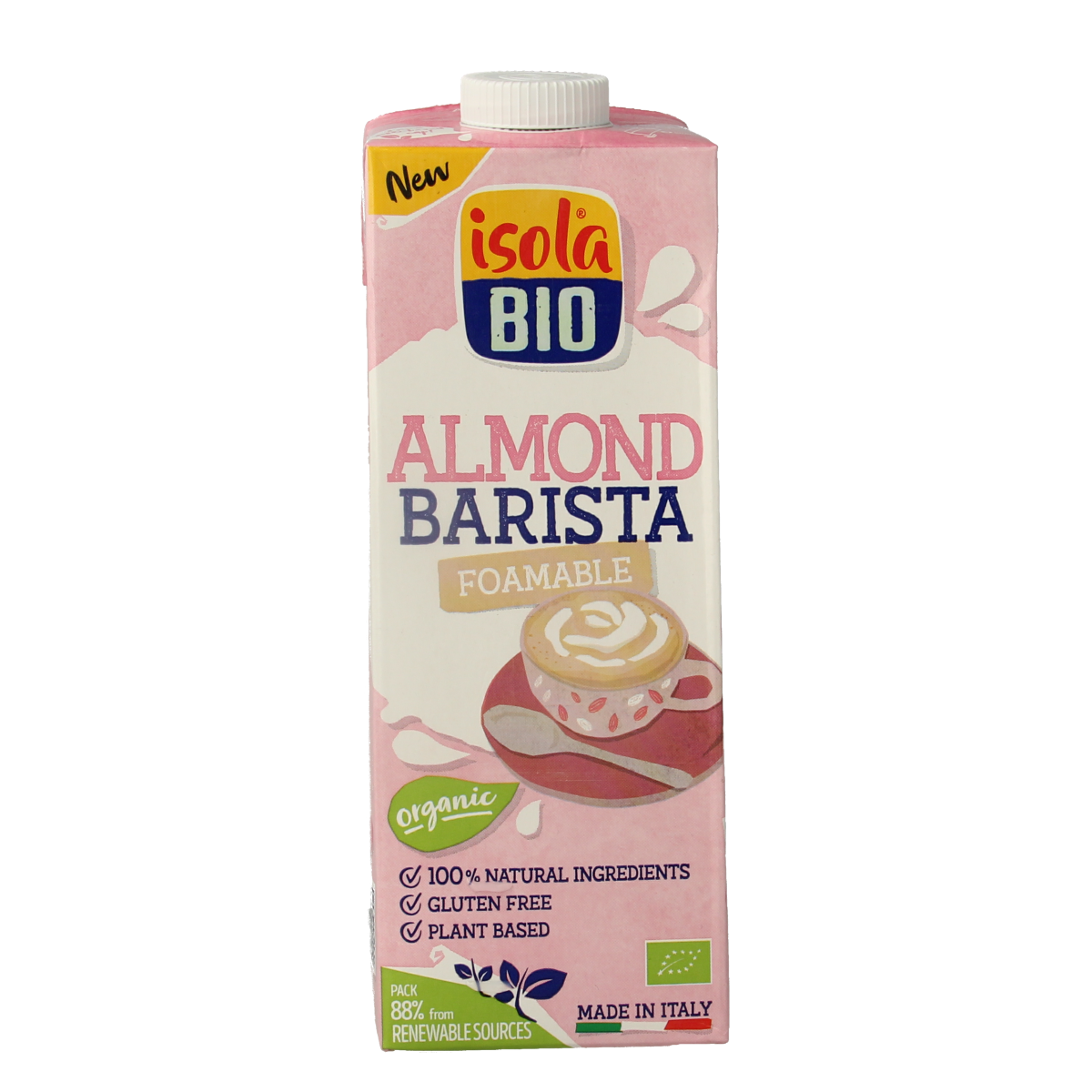 Isola Bio Almond Barista bio plant-based drink in 1-liter carton, ideal for coffee and beverages, natural almond flavor