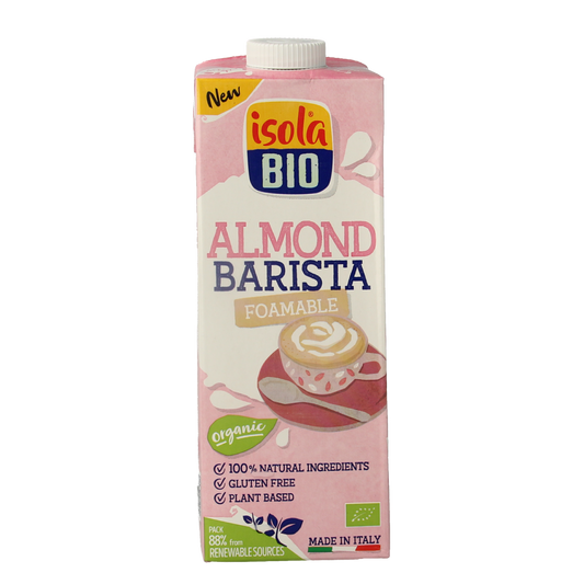 Isola Bio Almond Barista bio plant-based drink in 1-liter carton, ideal for coffee and beverages, natural almond flavor