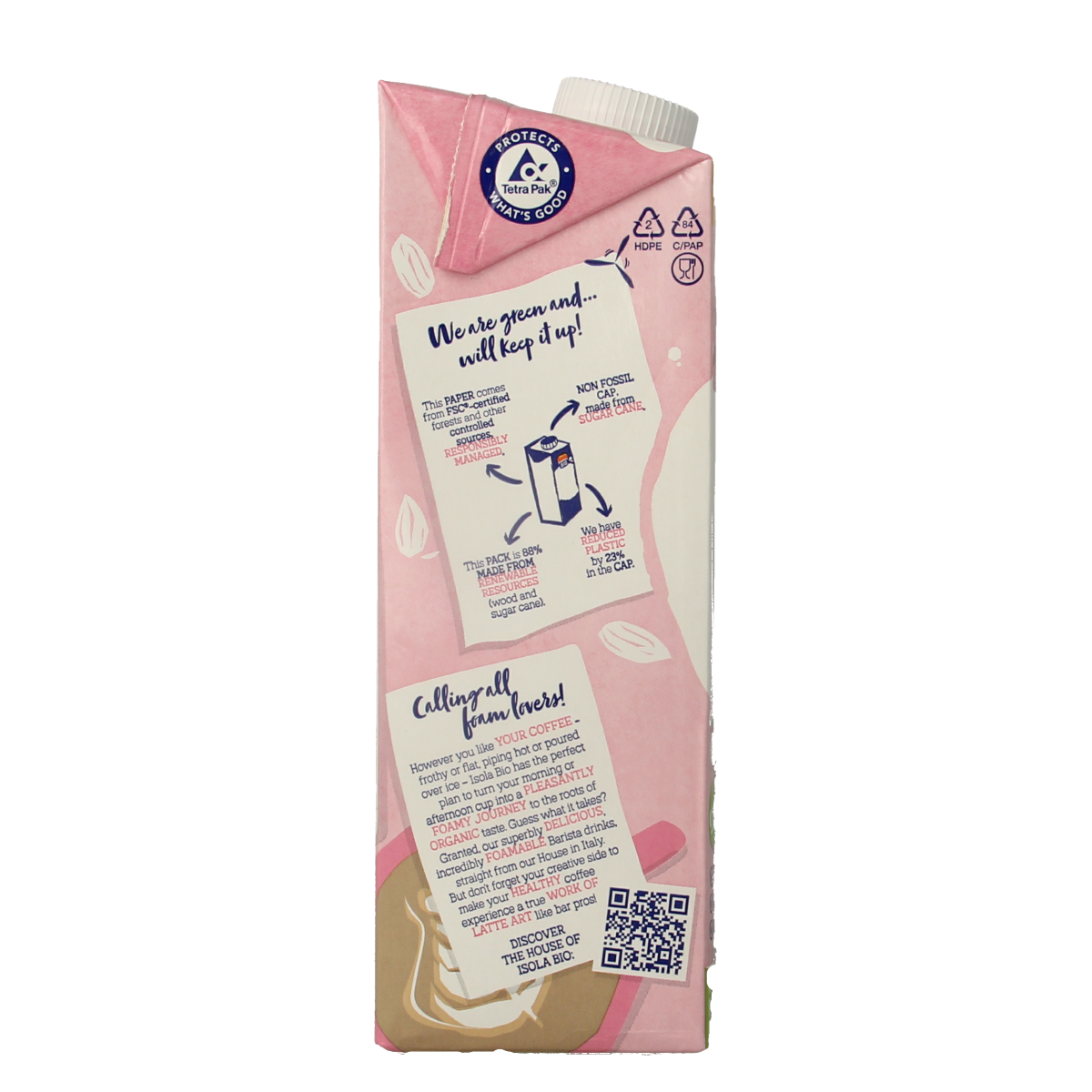 Almond barista bio drink in a 1-liter carton from Isola Bio, perfect for plant-based coffee and beverage recipes.