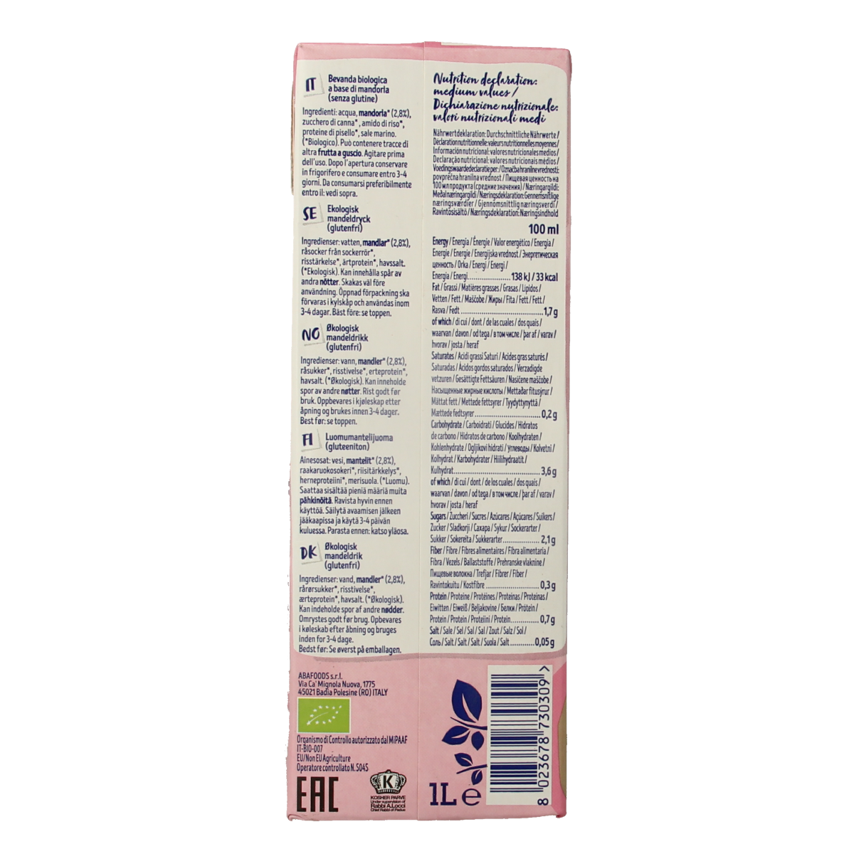 Almond Barista Bio plant-based drink by Isola Bio in a 1-liter carton, ideal for coffee and beverages, no added sugars.