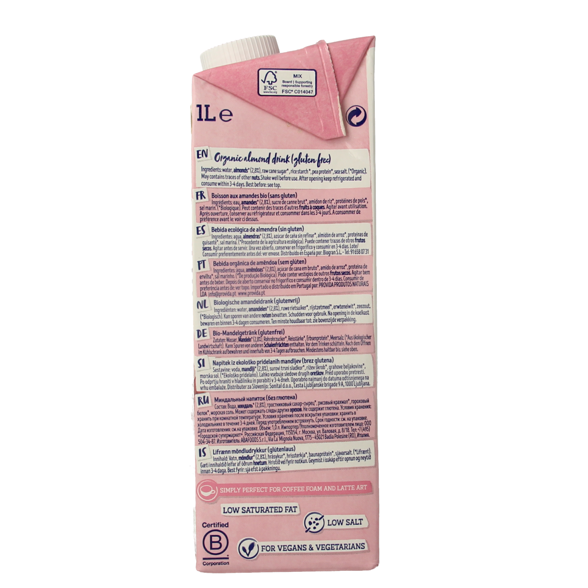 Isola Bio Almond Barista bio plant-based drink in 1-liter carton, suitable for coffee and beverages, natural almond flavor.