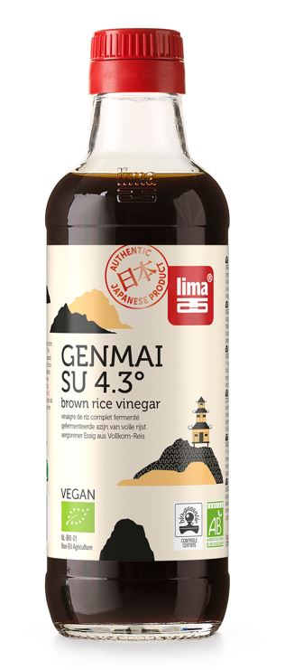 Lima Genmai-su rijstazijn bio in 250ml bottle, natural Japanese rice vinegar for cooking and seasoning.