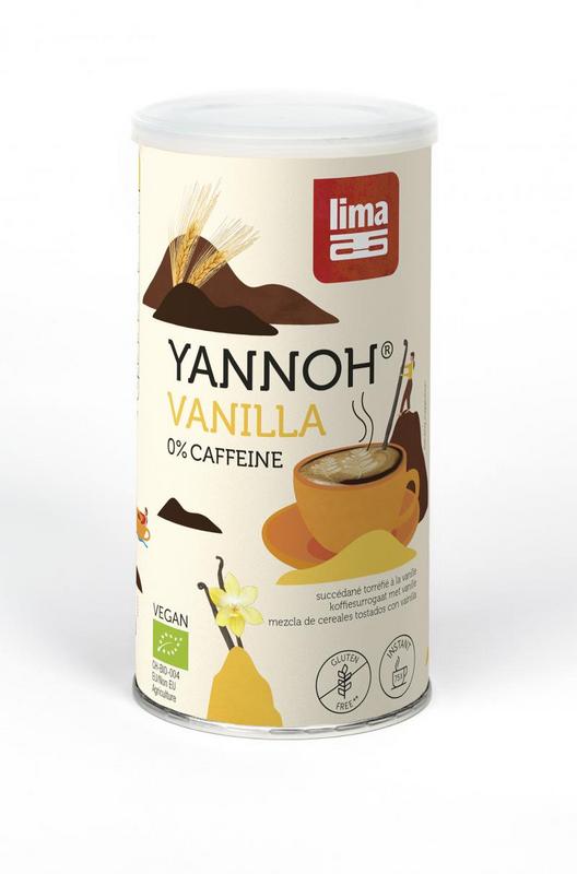 Lima Yannoh instant vanilla bio drink in a 150g package, natural and organic coffee alternative in a resealable bag.
