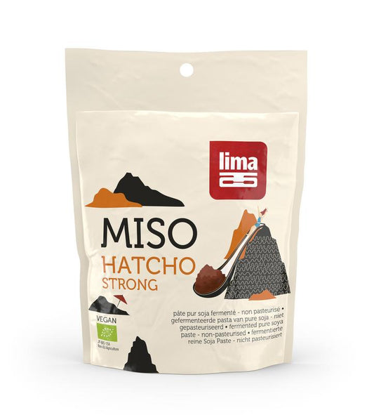Lima Hatcho miso bio, 300 grams, Japanese fermented soy sauce for cooking and flavoring, in a jar.