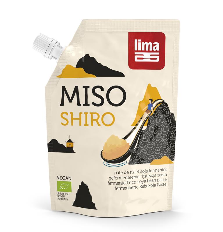 Lima Shiro Miso Bio sauce jar, 300g, in a white container with a label, part of Lima's Sauzen en Smaakmakers product line.