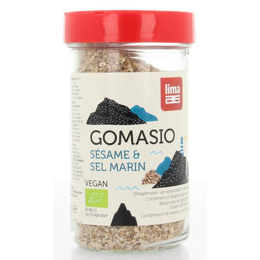 Lima Gomasio original strooibus bio, 100g, organic seasoning blend of herbs, salts, and spices in a clear jar.