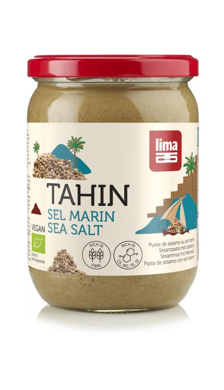 Lima bio tahin met zout, 500g jar, natural peanut butter spread with salt, ideal as broodbeleg or healthy snack.
