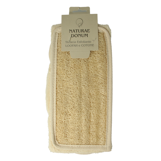 Naturae Donum scrub band made of cotton and loofah for bath and shower, single piece, natural exfoliating skin care accessory.