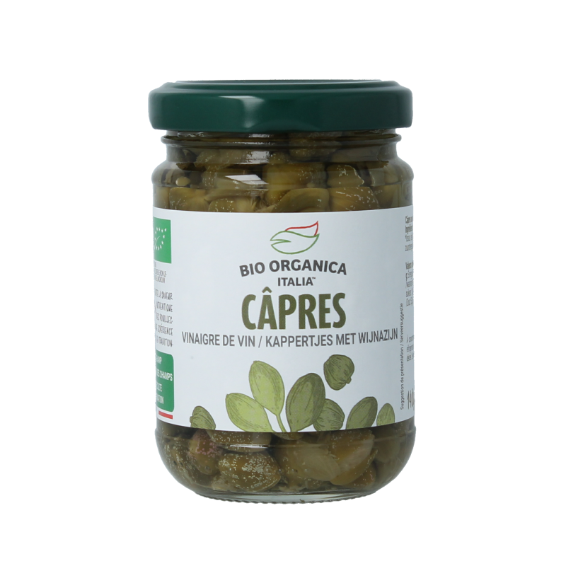 Glass jar of Bio Organica organic capers in vinegar, 140 grams, with fresh green capers visible inside the jar.