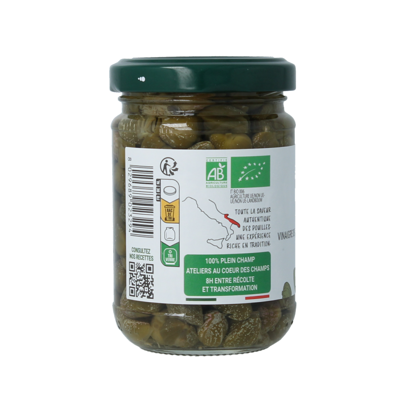 Jar of Bio Organica organic capers in vinegar, 140 grams, with fresh green capers visible inside the glass jar.