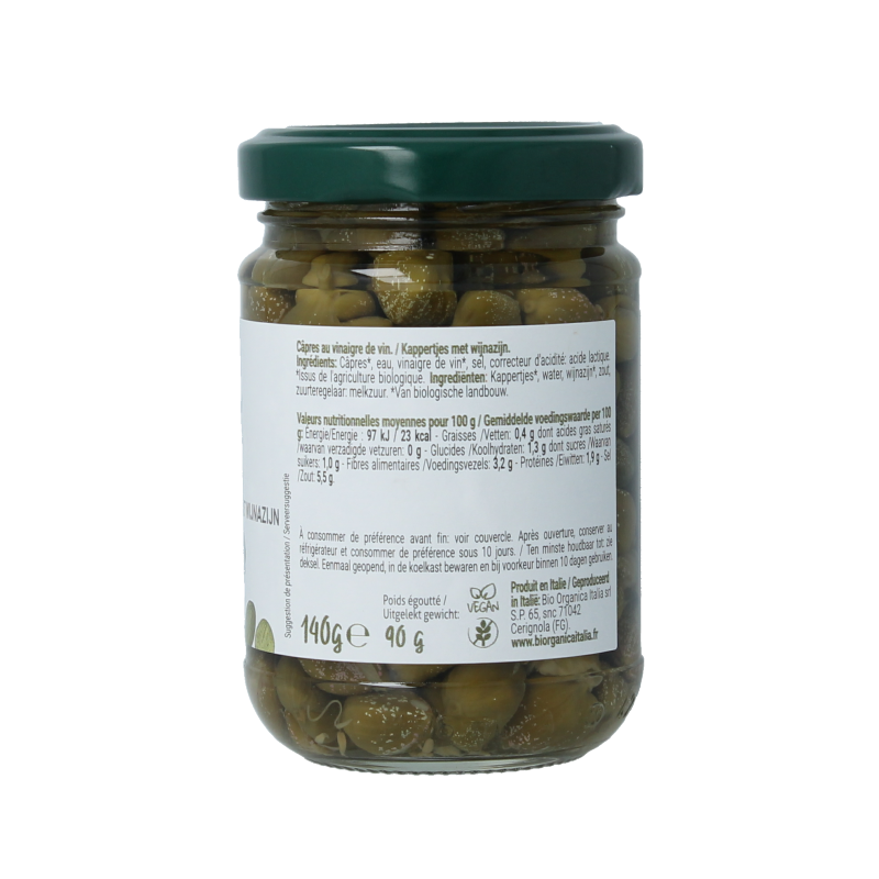 Glass jar of Bio Organica organic kappertjes in vinegar, with fresh green capers visible inside the transparent container.
