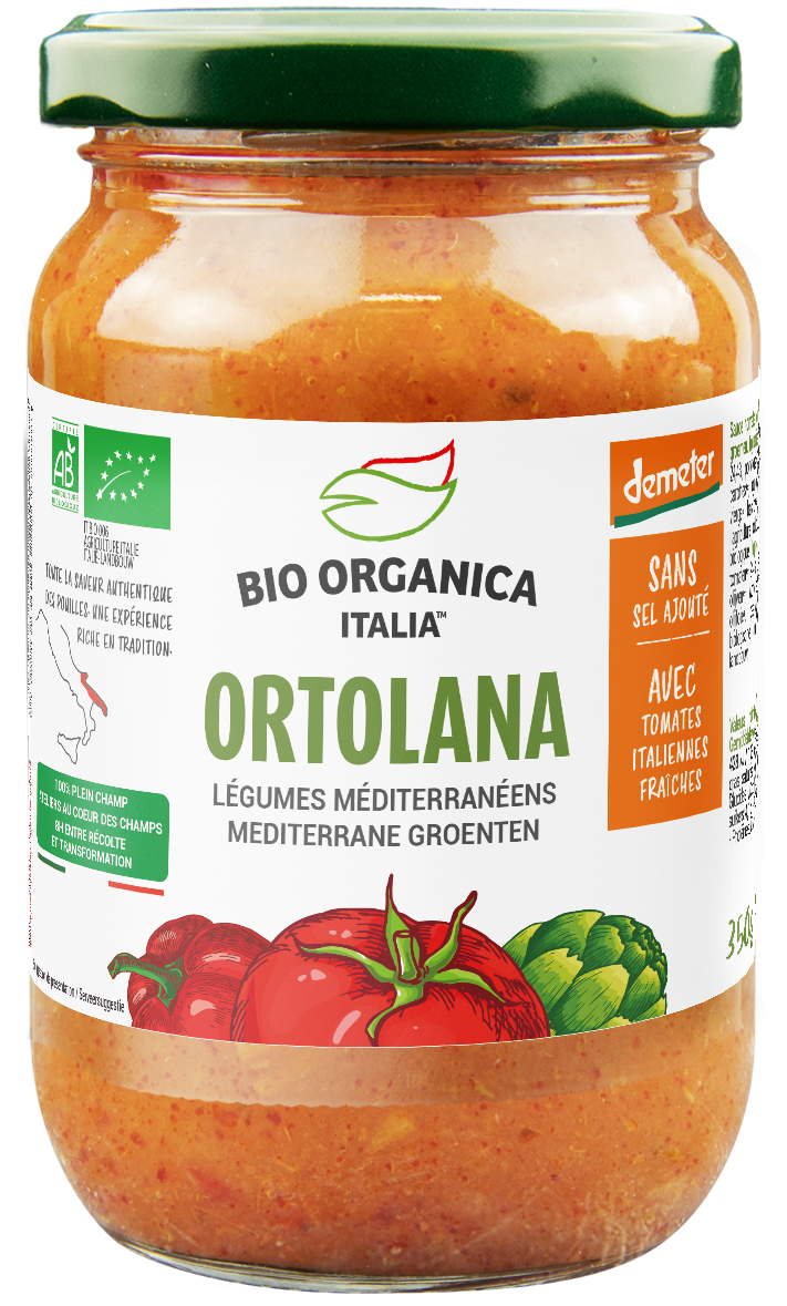 Bio Organica Pastasaus ortolana demeter in 350g jar, fresh vegetable sauce, natural ingredients, vivid orange color.