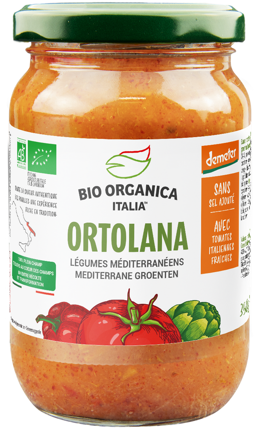 Bio Organica Pastasaus ortolana demeter in 350g jar, fresh vegetable sauce, natural ingredients, vivid orange color.
