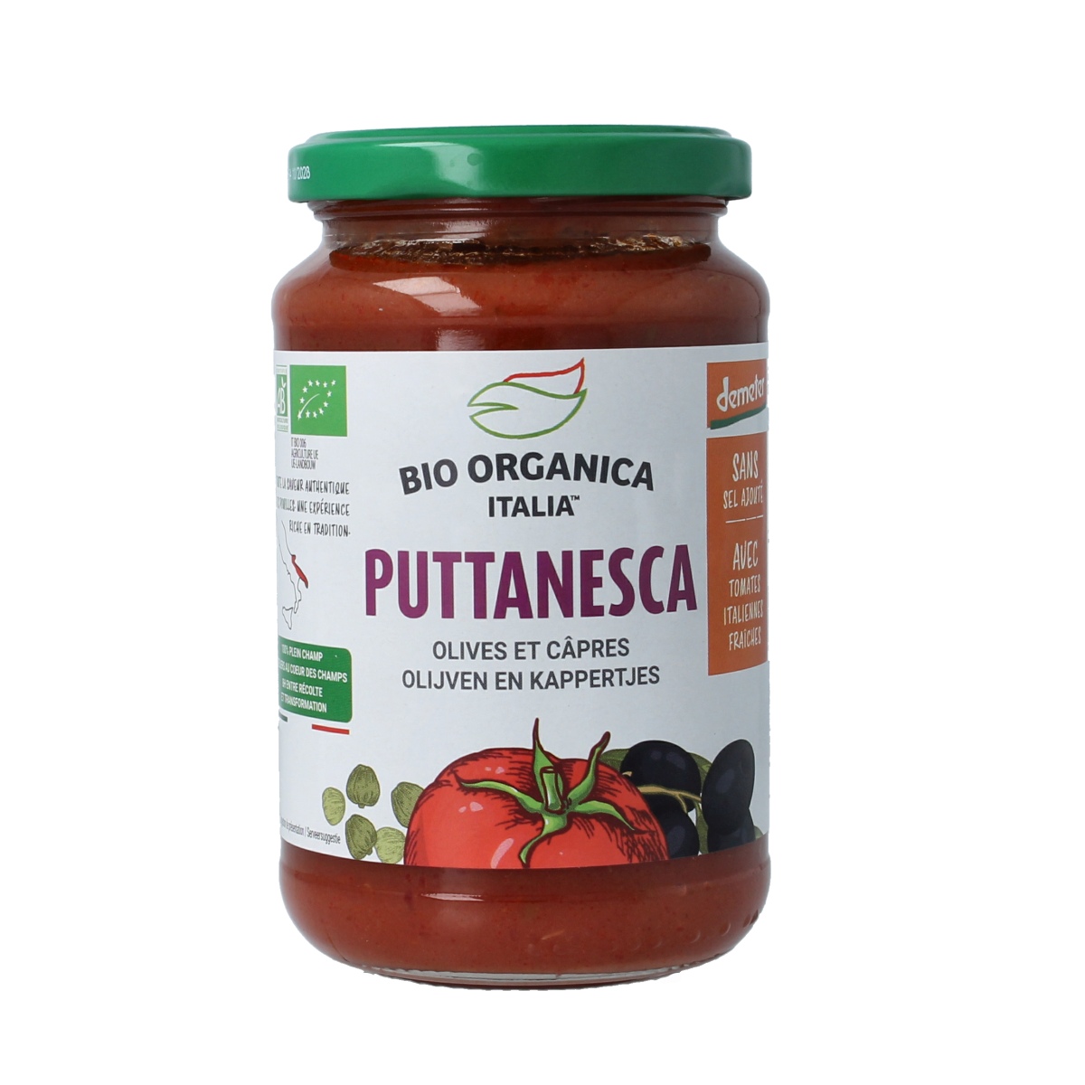 Bio Organica olive and caper pasta sauce in 350g jar, natural flavor, organic demeter certified sauce for pasta dishes.