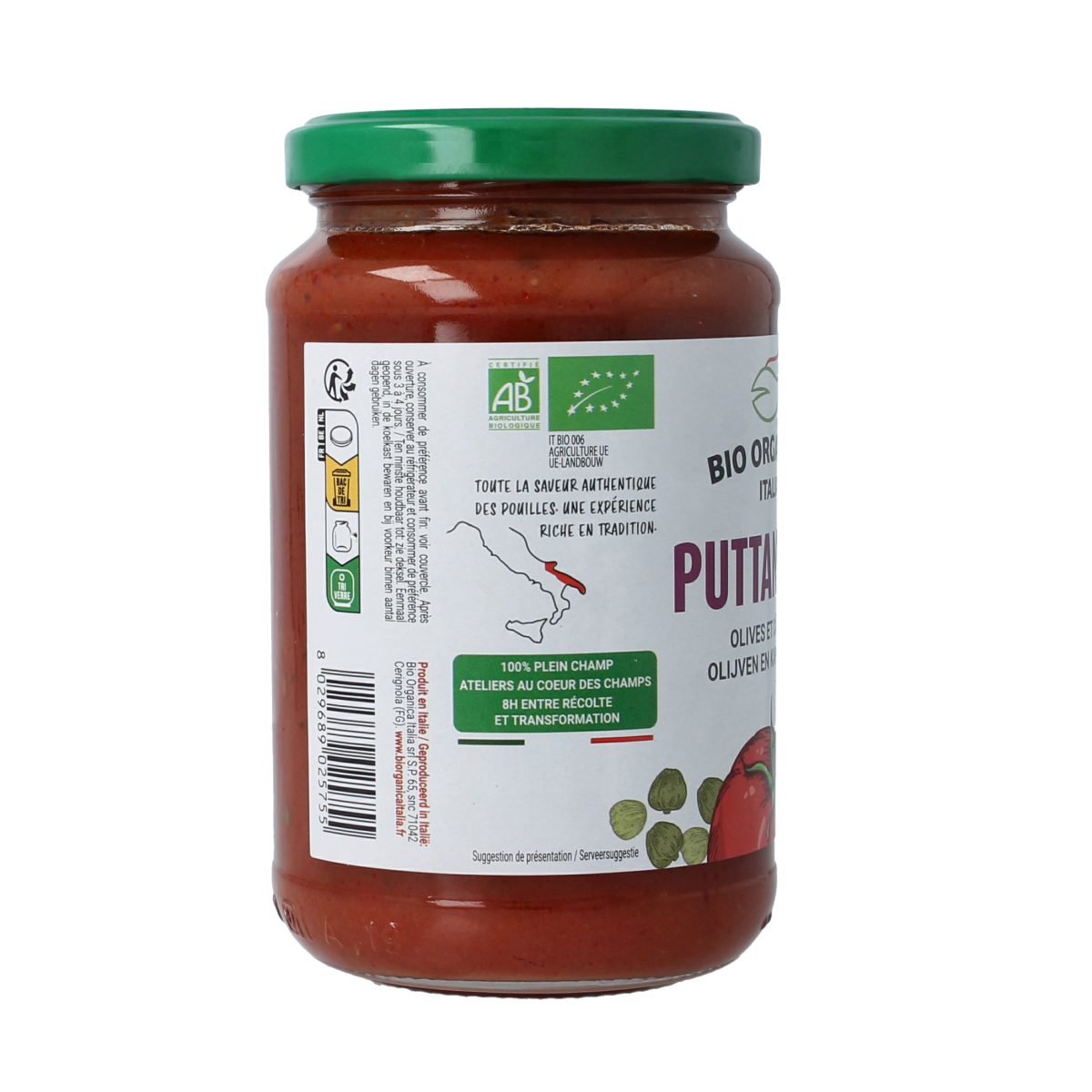 Bio Organica olive and caper pasta sauce in 350g jar, natural organic flavor, ideal for pasta dishes.