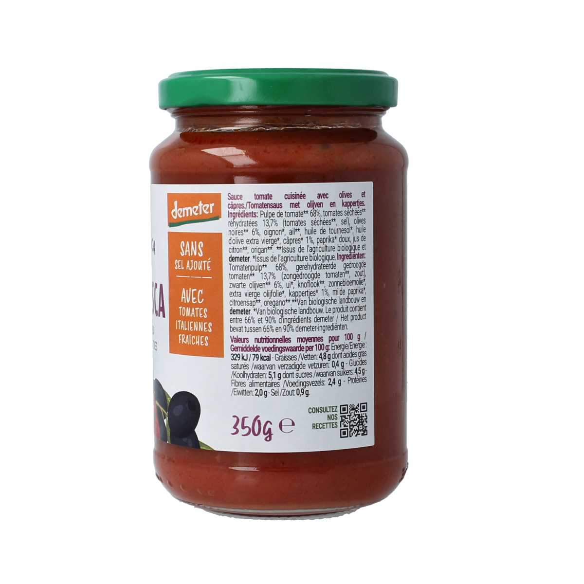 Bio Organica olive and caper pasta sauce in a 350g jar, natural Demeter-certified sauce for pasta dishes.
