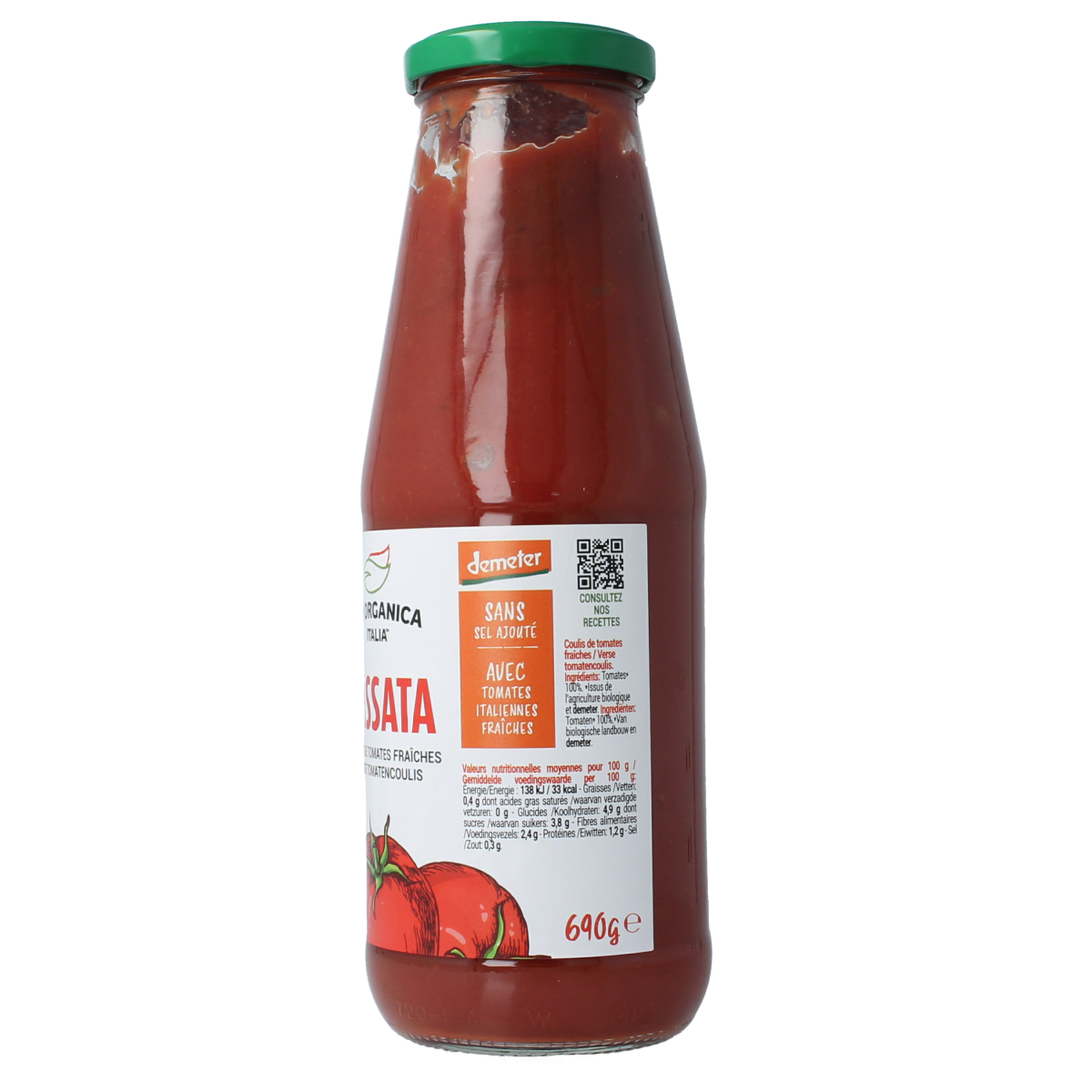 Bio Organica tomato passata in a 690g jar, organic Demeter certified sauce, suitable for cooking and flavoring dishes.