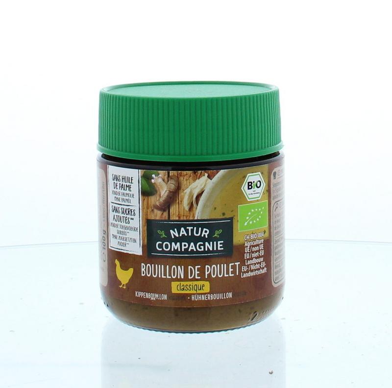 Organic Natur Compagnie kippenbouillon in 100g package, natural chicken broth for soups and cooking.