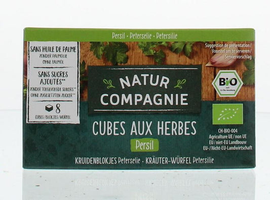 Natur Compagnie Peterselie kruidenblokjes bio, 80g, natural parsley cubes for cooking, part of herbs, salts, and meal mixes.