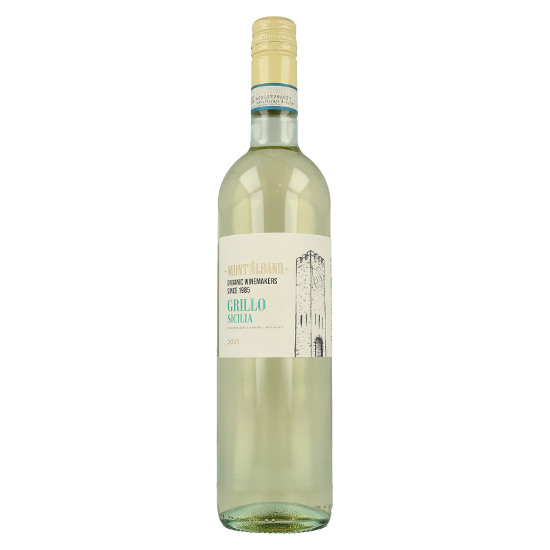 Mont Albano Grillo Terre Siciliane white wine bottle, 750ml, in a clear glass bottle with a label showing Sicily origin.
