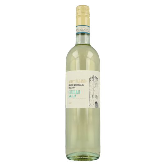 Mont Albano Grillo Terre Siciliane white wine bottle, 750ml, in a clear glass bottle with a label showing Sicily origin.