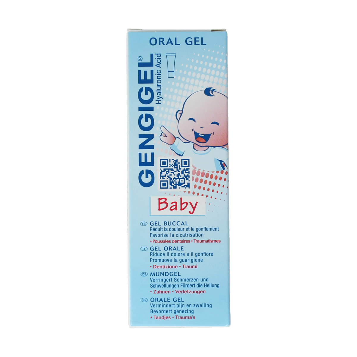 Gengigel Teething mouth gel in 20ml tube, natural oral care for babies, with Gengigel brand label and packaging.