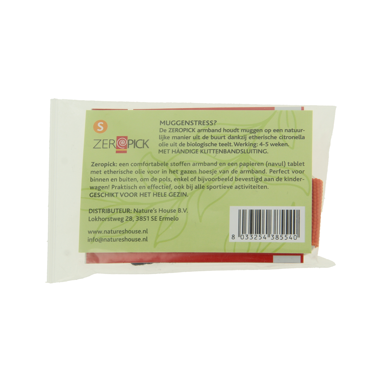 Orange Zeropick Armband for bites and stings, size S, shown in the image with product details.