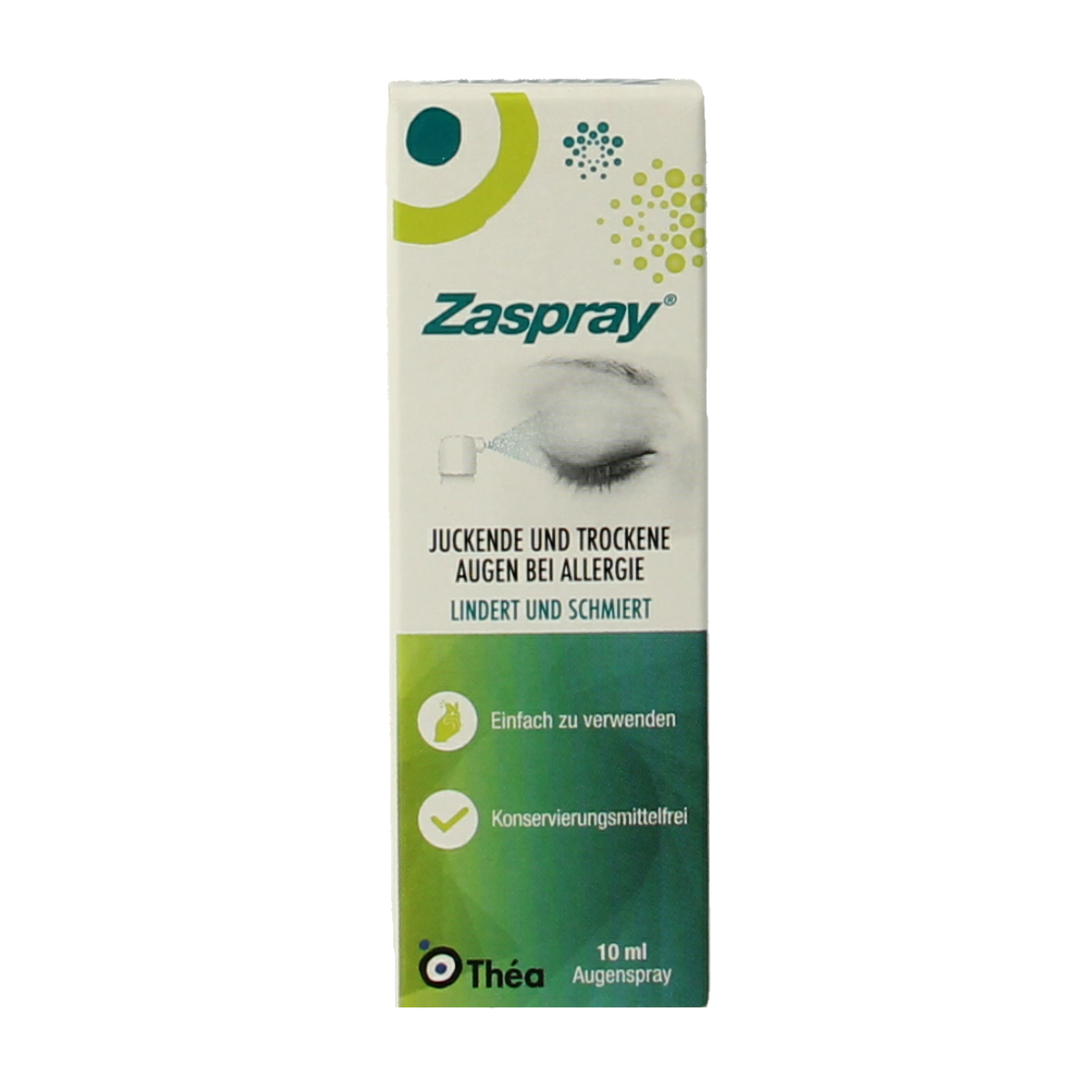 Zaspray oogverzorging oogspray 10 ml bottle, natural eye care product from Zaspray, with a white and blue packaging design
