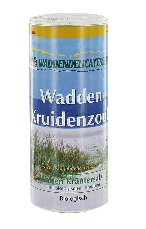 Waddendeli Waddenkruiden strooizout bio 200g in a jar, with herbs and salt for seasoning and cooking.