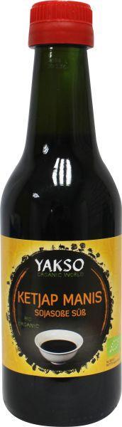 Bottle of Yakso bio Ketjap manis sweet soy sauce in a 250ml container, featuring a dark, glossy sauce with a label.