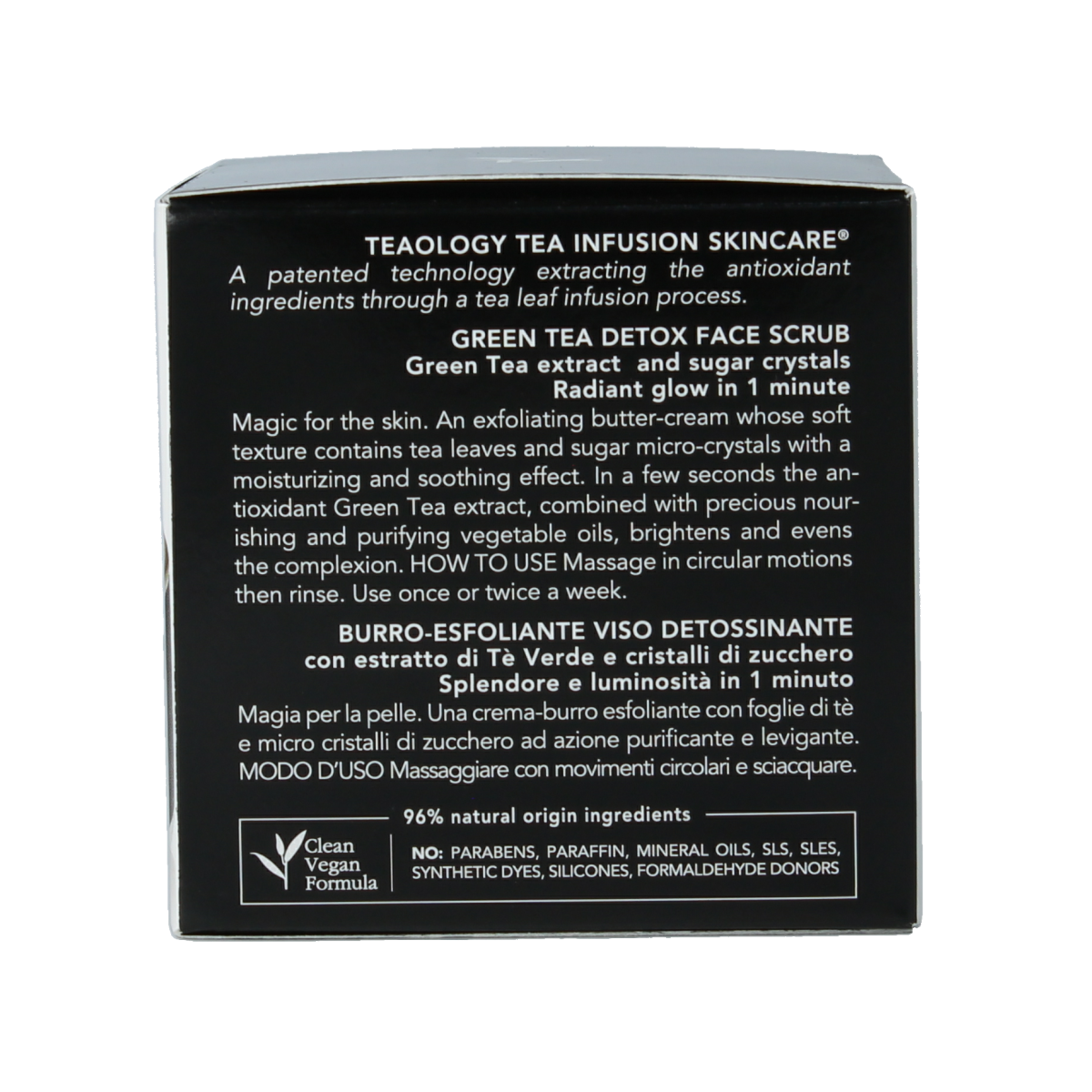 Teaology Green Tea Detox Face Scrub in 50ml jar with natural ingredients and textured exfoliating surface.