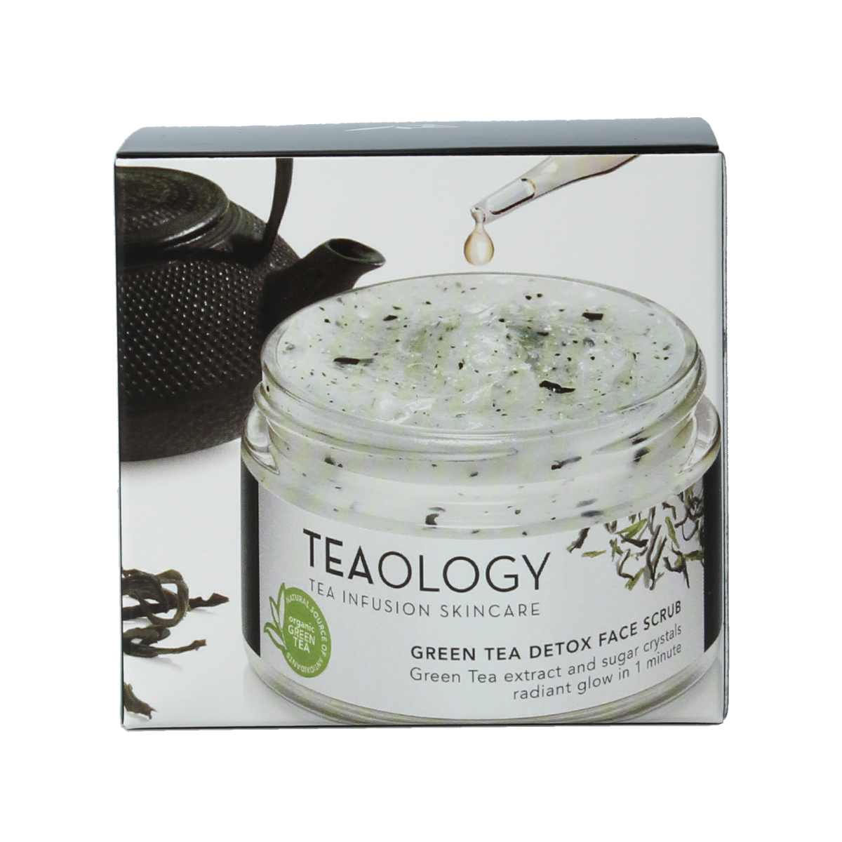 Teaology Green Tea Detox Face Scrub in a 50ml jar, showing the natural green tea exfoliating facial skincare product.