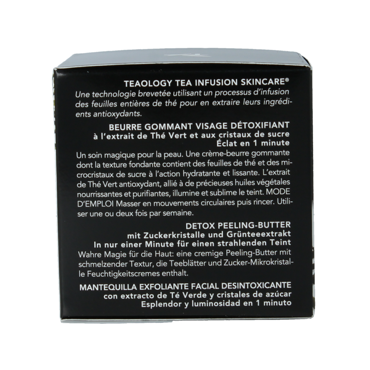 Teaology Green Tea Detox Face Scrub in 50ml jar with natural ingredients and textured surface for gentle exfoliation.